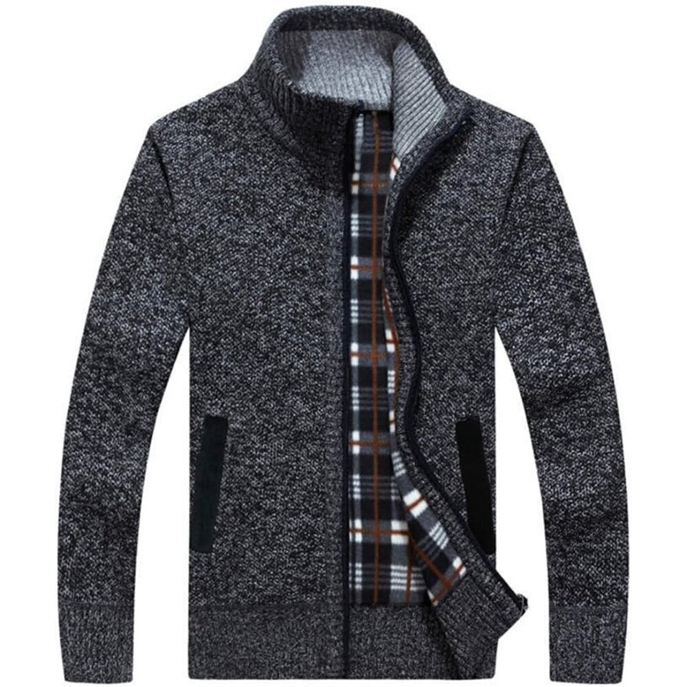 Men Deep-Grey Casual Slim Full Zip Knited Polyester Cardigan Sweater with Pocked